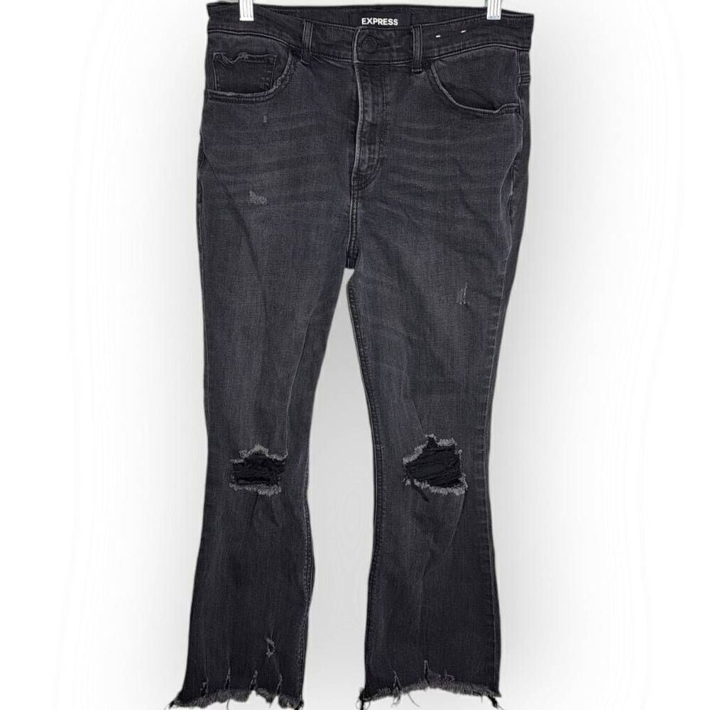 Express Women's Cropped High Rise Bell Flare Jeans Black Distressed Denim sz 6
